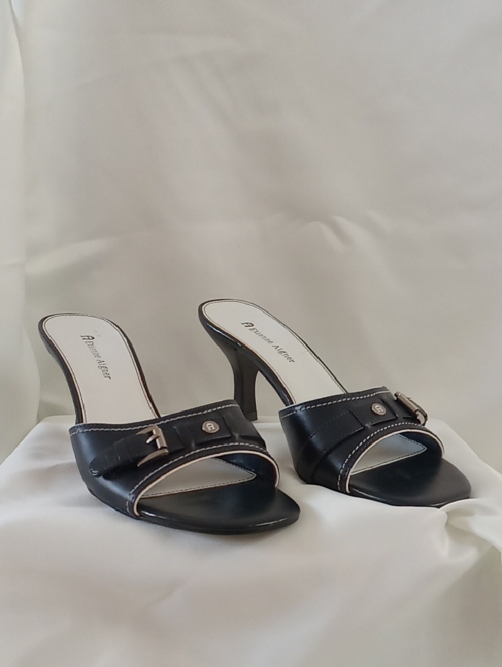 Etienne Aigner Black Open-Toe Slide Heels with Buckle Detail